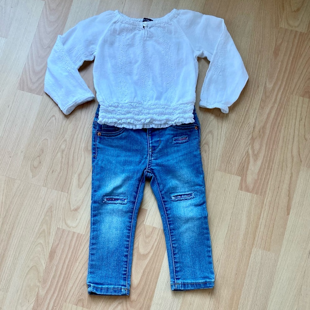 Baby Gap: White blouse and Distressed jeans by Cat & Jack.  Both size 2T.